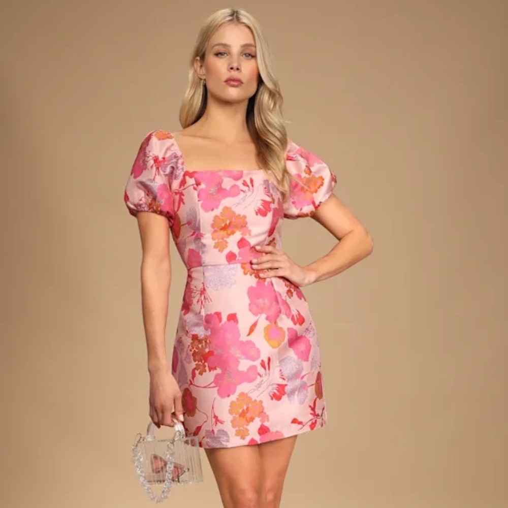 Lulus So Stunning Light Pink Floral Jacquard Puff Sleeve Mini Dres - Size L